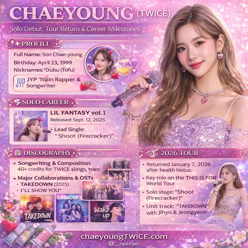 Chaeyoung TWICE solo debut, tour return & 2026 profile 4 Chaeyoung Twice infographics