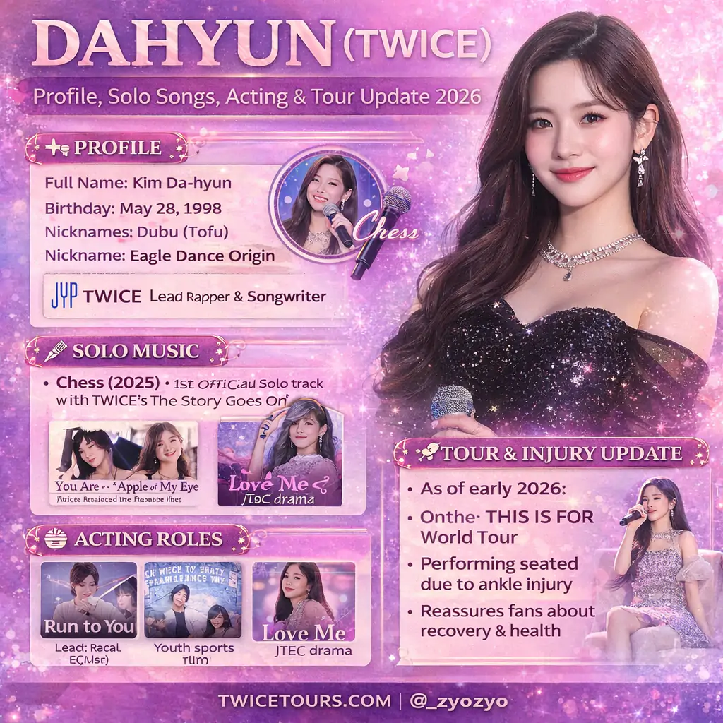 Dahyun TWICE Complete 2026 Guide to Music, Acting & Tour 3 Kim Dahyun Infographics