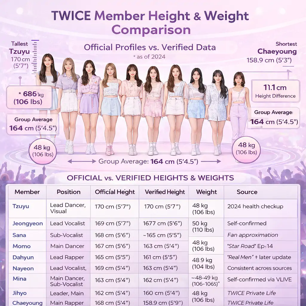 TWICE member height and weight comparison