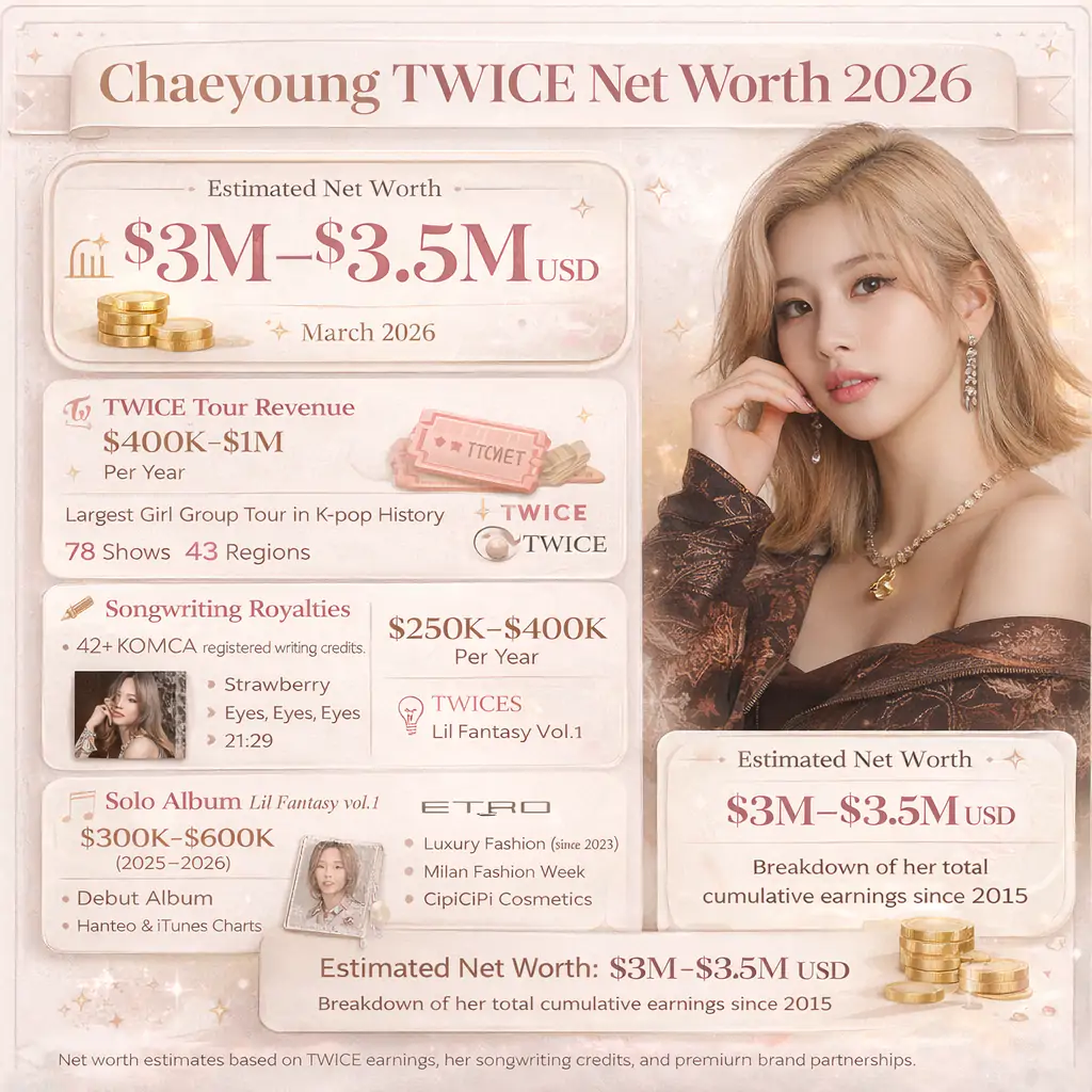 Chaeyoung Net Worth 2026: How TWICE's Rapper Built $3.5M 3 Chaeyoung Net worth infographic