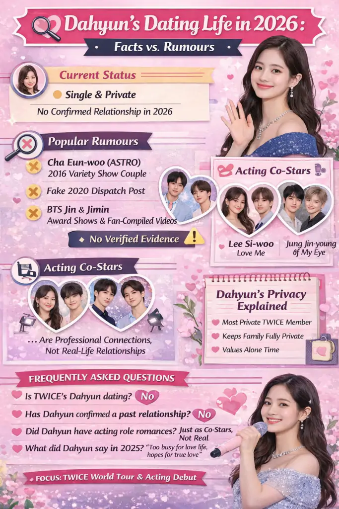 TWICE Dahyun Boyfriend 2026: Dating History & Rumours Covered 4 Dahyun relationships infographi