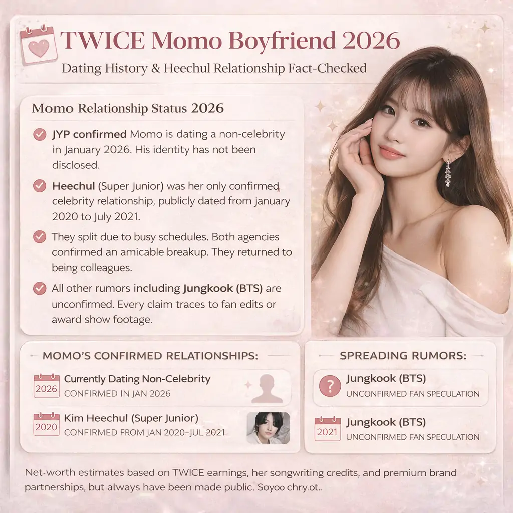 TWICE Momo Boyfriend 2026: Dating History & Heechul Relationship Fact-Checked 3 Momo's dating history infographic