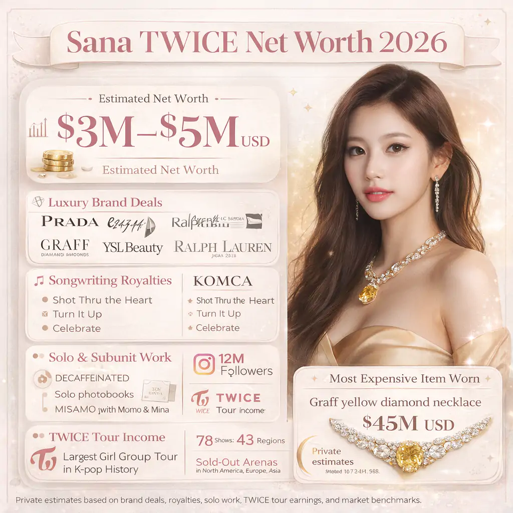 Sana TWICE Net Worth 2026: Luxury Brand Empire, Earnings & Lifestyle 2 Sana TWICE Net Worth infographics