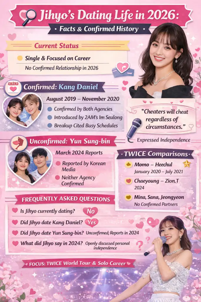 TWICE Jihyo Dating History 2026: Kang Daniel, Yun Sung-bin & Current Status 4 jihyo relationships infographic
