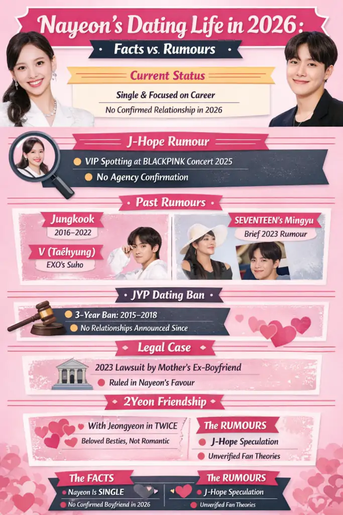 TWICE Nayeon Boyfriend 2026: Dating History & Rumours 4 naeyon dating life infographic