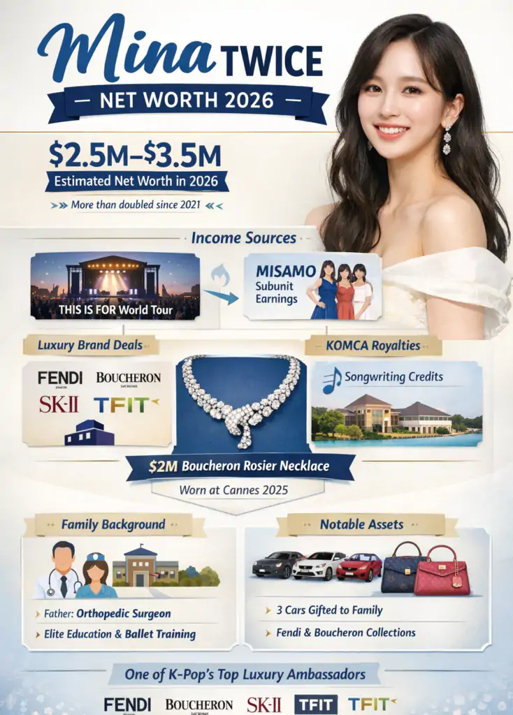 Mina TWICE Net Worth 2026: Fendi, a $2M Boucheron Necklace & the Full Luxury Breakdown 5 twice mina infographic